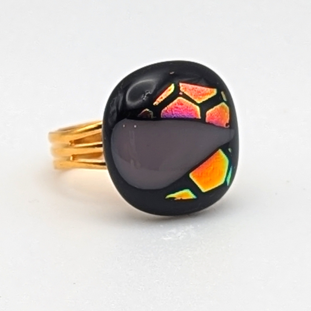 Artisan Handmade glass statement ring purple, dichroic glass gold plate adjustab